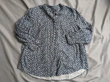 Lands End Top Womens Size 2X Blue Floral Knit Button up Band Collar Cottagecore