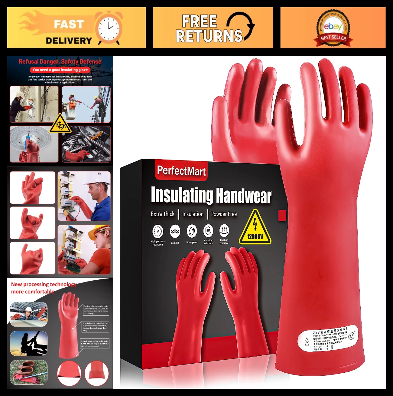 High Voltage Insulating Gloves 1.8mm Thick, Cut & Stab Resistant, 12kVAC/22kVDC