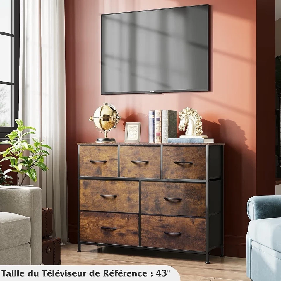 Commode WLIVE 7 Tiroirs Tissu et Bois Chambre Entrée Marron Rustique - Photo 2/4