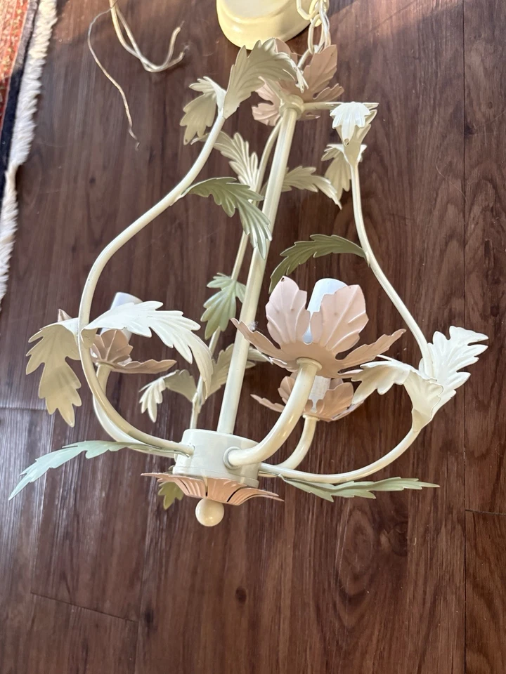 CANDELABRO ESTILO JAULA TOLE LÁMPARA DE TECHO LUCES MARFIL ROSA Y HOJAS VERDES Foto 4 de 4