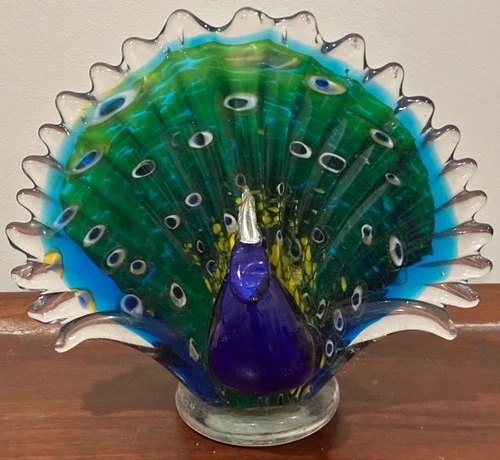 Vintage MCM Murano Style Hand Blown Peacock Figurine Decorative Glass Art