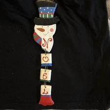 Vintage Wooden Hand Painted Snowman Wall Hanging Wire Hanger 18” Long 