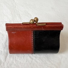 Vintage coin purse brown black leather two-tone kiss lock change bag small