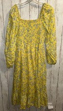 Draper James RSVP Midi Dress Womens Large Yellow Blue Floral Smocked Linen Blend