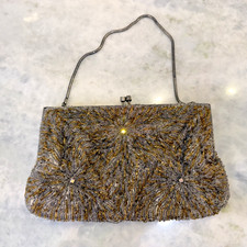 Vintage Handmade Beaded Evening Clutch Purse Gold Silver Satin Lined