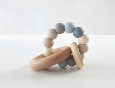 Natural Baby Teether Rattle Maple Wood  Silicone Saturn Ring BPA Free USA Made