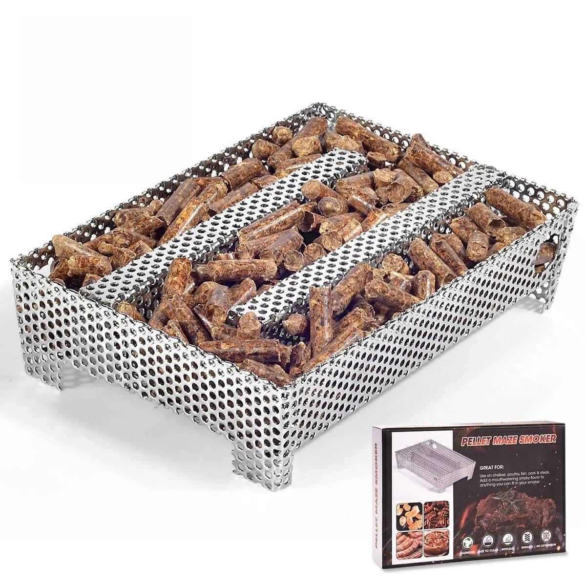 5" x 8" Pellet Smoker Tray 12 Hours of Billowing Smoke, Large, Silver