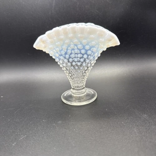 Vintage Fenton Hobnail Fan Vase White Miniature Opalescent 4.5" Tall