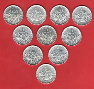 LOT ARGENT 10 PIÈCES DE 5 FRANCS SEMEUSE ARGENT 1960 A 1965 !