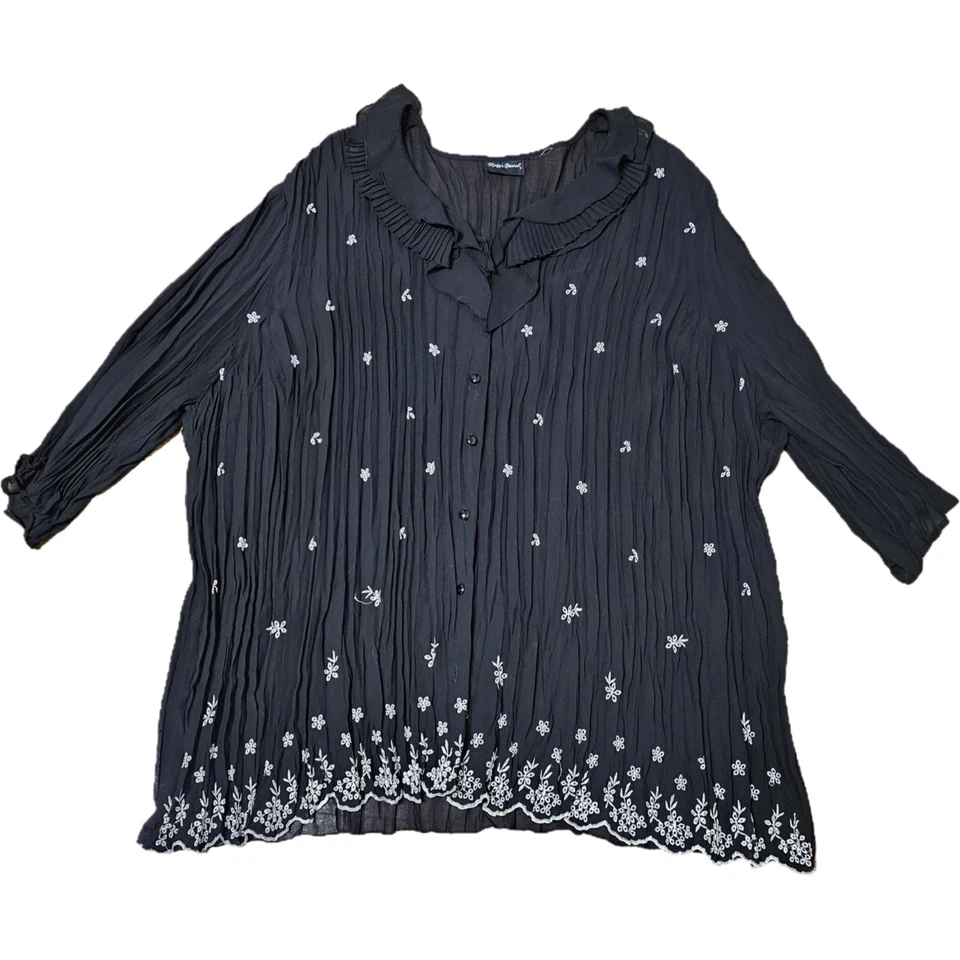 Top Maggie Barnes Negro Botón Frontal Transparente Floral Bordado Arrugado Talla 4X Foto 4 de 4