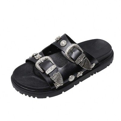 Womens Genuine Leather Y2K Gothic Buckle Platform Slide Sandals Punk Grunge
