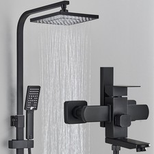 Black Exposed Bathroom Shower System Mixer Twin Square Head Bar Hand Shower Set