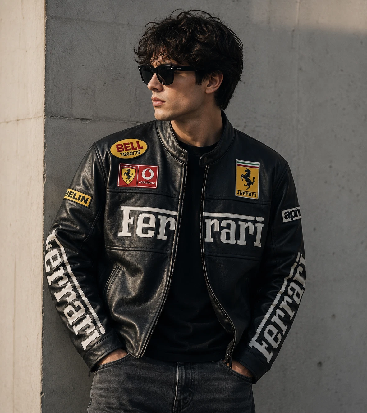 Men's Black & Red Ferrari Embroidered Vintage F1 Racing Leather Motorbike Jacket image 1