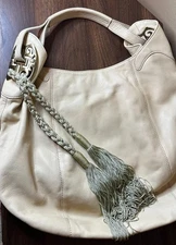 Shanghai Tang Leather Shoulder Bag-  Cream with Vibrant Purple line New w/o Tag