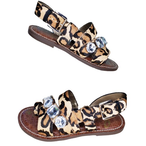 Sam Edelman Dailey Sandals Size 5.5 Leopard Calfskin Brown Black Toe Ring Jewels