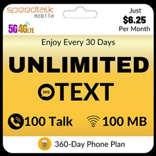SpeedTalk SIM Card Unlimited Text 100 Talk & Data Prepaid Phone Plan $6.25/Mo.