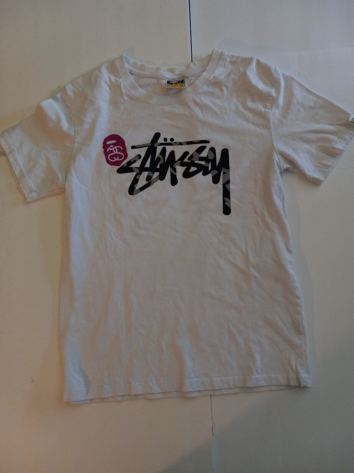 RARE Bathing Ape Stussy Collaboration Shirt Men's White Tee Medium Made in  Japan