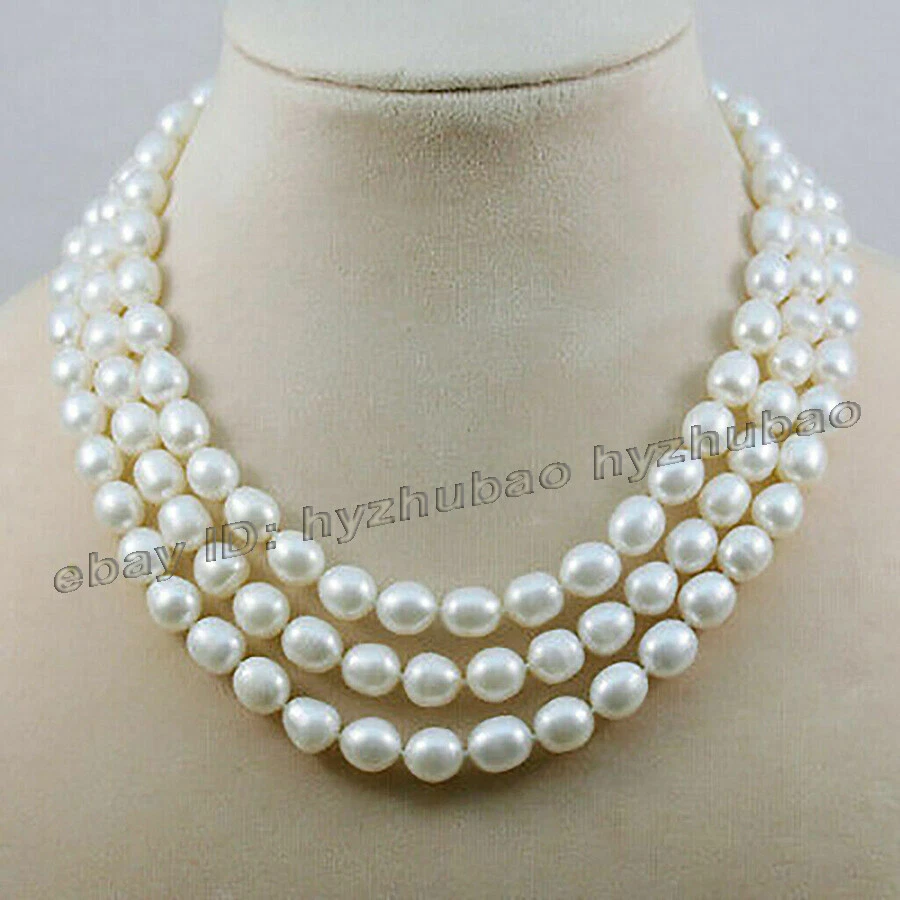 Collar de 3 filas de 7-8 mm blanco arroz perlas de agua dulce concha flor broche 17-19" Foto 2 de 3