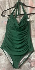 Womens L Halter Neck One Piece Swimsuit Green Padded Bra Lined