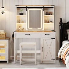 Vanity Desk with Charging Station Glass Top Vanity Table with Drawers & Shelves