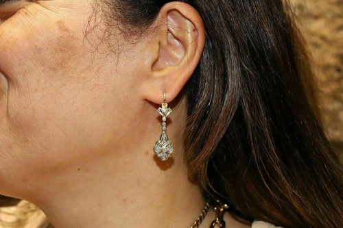 Orecchini Vintage 2,00 Ct Taglio Tondo Diamante Goccia e Pendente in Argento Sterling 925 - Foto 5 di 6