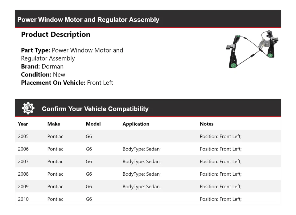 For 2005-2010 Pontiac G6 Dorman Power Window Motor/Regulator Assembly Front Left - Image 2 of 4