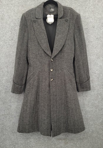 Neo Ludwig Wool Blend Coat Mens Large Gothic Steampunk Lined Gray Herringbone - Picture 1 of 21