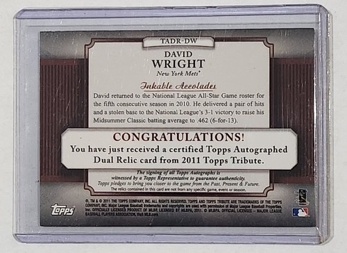 2011 Topps Tribute DAVID WRIGHT Dual Relics AUTOGRAPH #'d /99 Card #TADR-DW - Picture 4 of 6