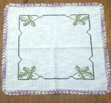 Vintage Linen Embroidered Oak Leaf Doily Scarf Lavender and White Crochet Edges