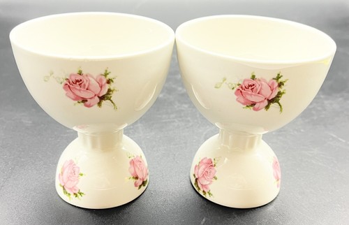 2 Ceramic Floral Double Egg Cups Pink Roses Vintage Victorian Shabby Cottagecore