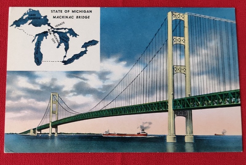 1950's (before opening)- Mackinac Bridge connecting 2 Great Peninsulas Postcard