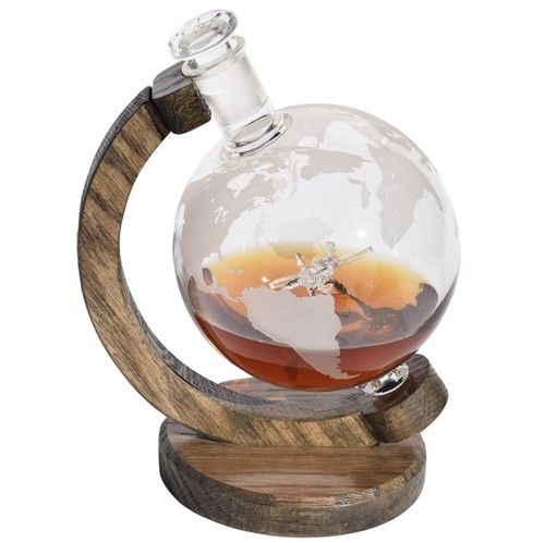 Etched Globe Whiskey Decanter with P-51 Mustang Wood Stand Aviation Vodka Liquor - Picture 2 of 5