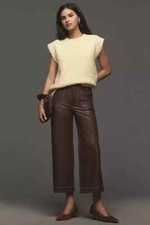 Anthropologie Maeve Colette Cropped Wide Leg Pants Faux Leather Top Stitch 25