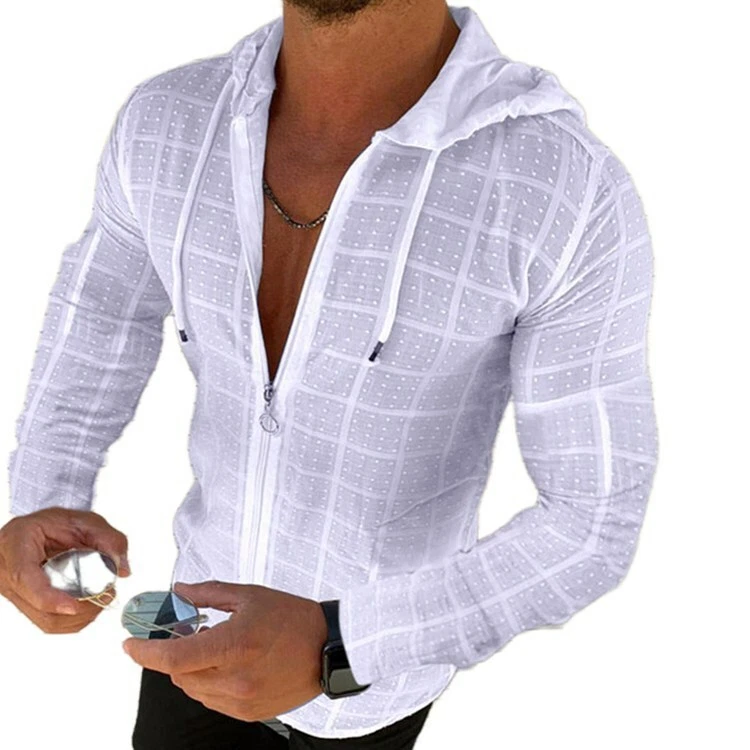 Men Hoodie Zipper Hooded Plaid White Lightweight Long Sleeve Full Zip T Shirt