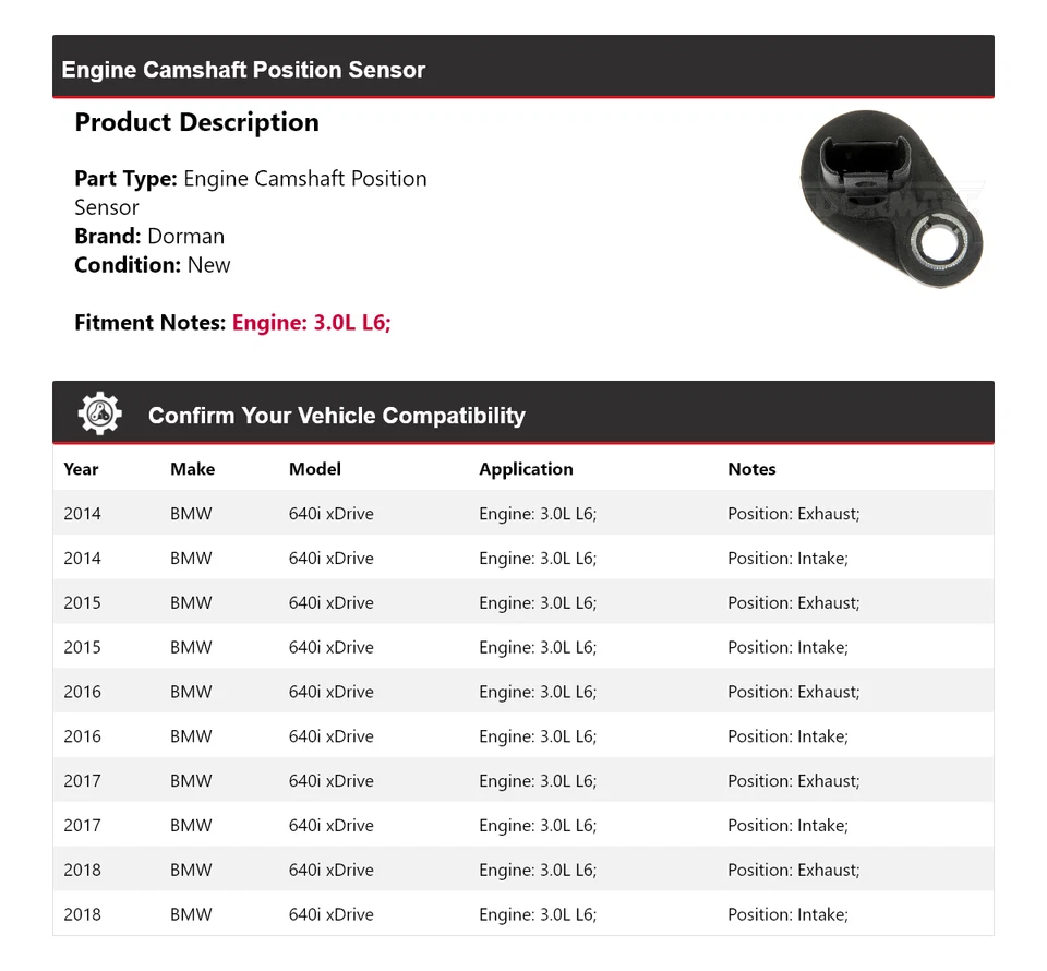 Sensor de posição da árvore de cames do motor Dorman para 2014-2018 BMW 640i xDrive 3.0L L6 - Imagem 2 de 4