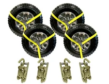 4pc 2" x 8' Yellow Lasso Tire Straps w/ O-Ring & Ratchet Hooks Auto Hauler