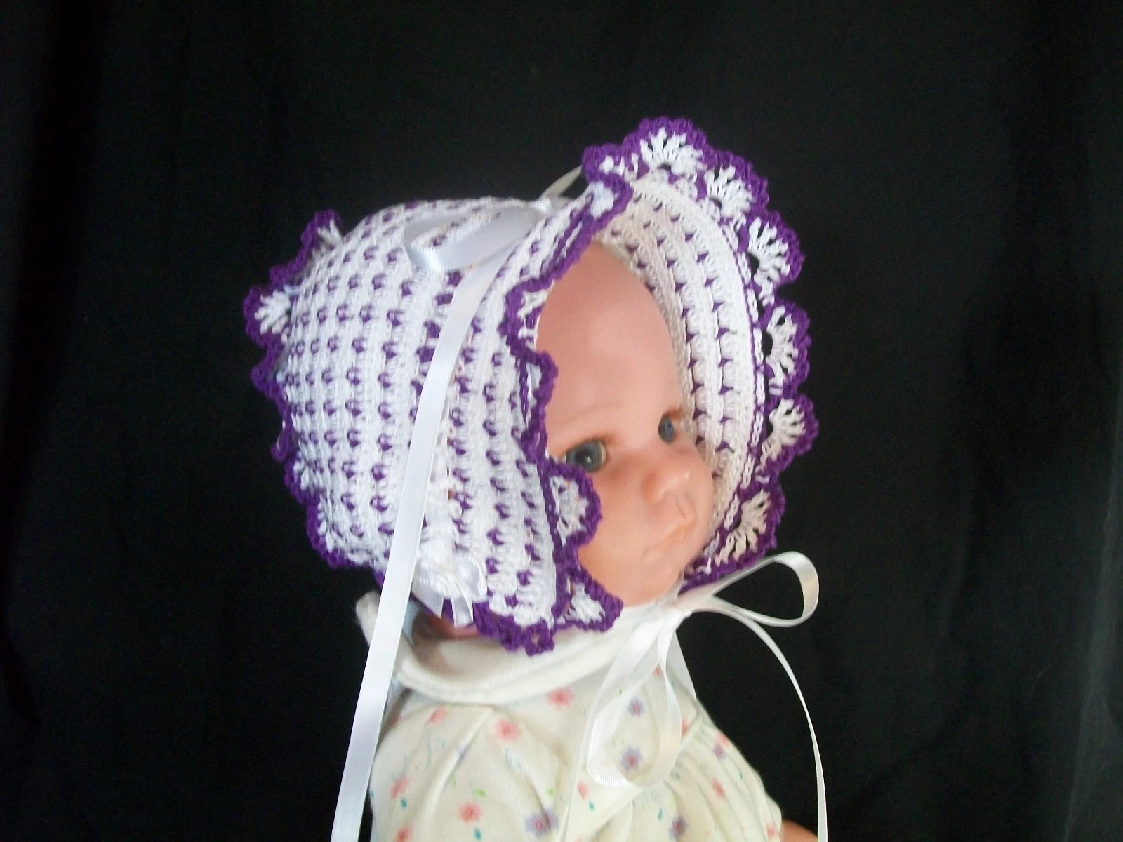 BABY GIRLS BONNET HAT Hand Made CROCHET White & Purple NB to 2M