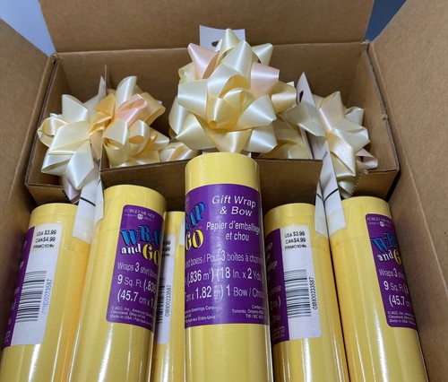 Vtg American Greetings Wrap And Go Gift Wrap And Bow Yellow (6) Heavy Paper - Picture 2 of 5