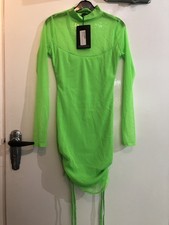 Pretty Little Thing Lime Green Mesh High Neck ,Ruched, Bodycon Dress 8 BNWT