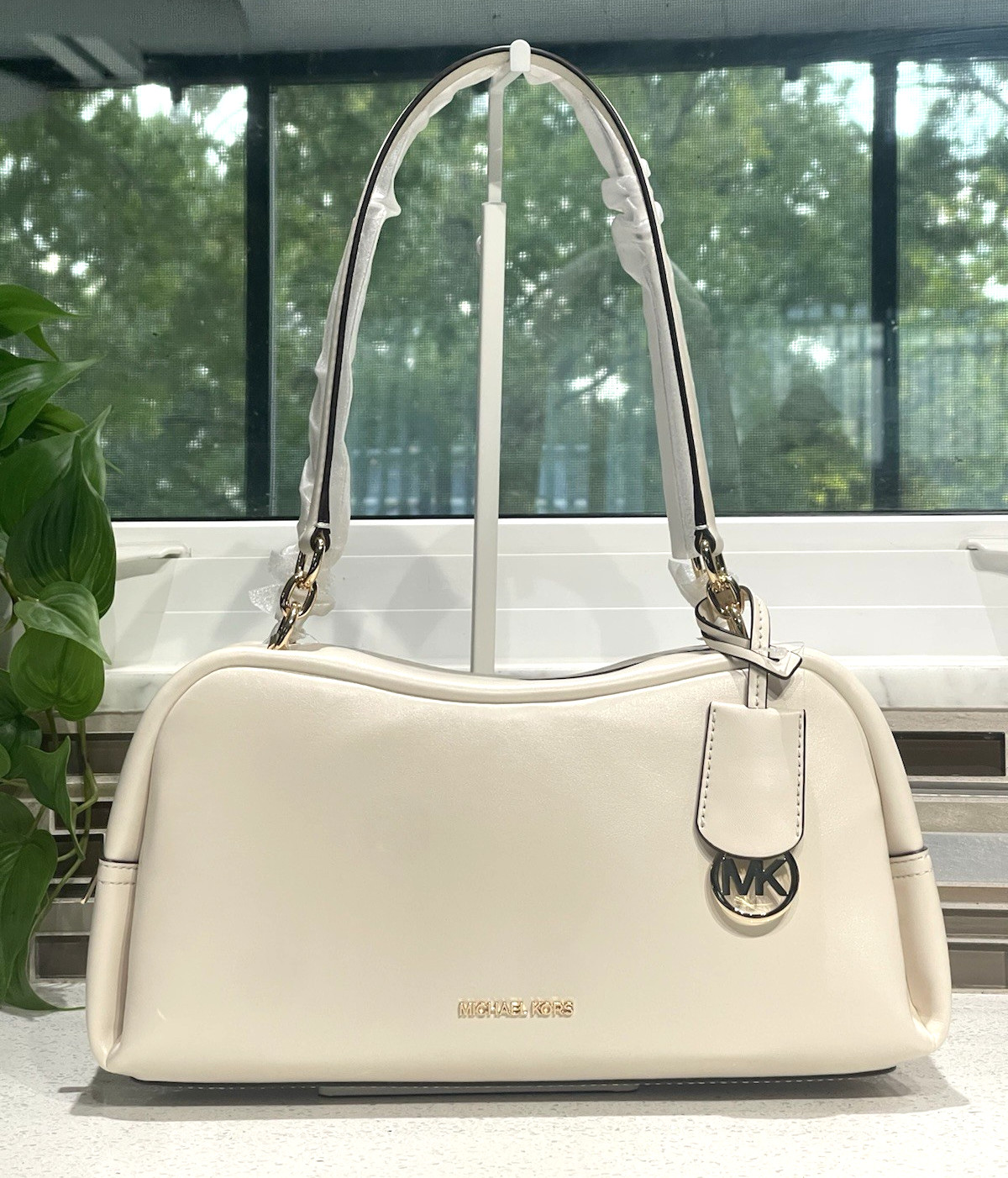 BORSA A TRACOLLA MICHAEL KORS CECILY MEDIA MK CREMA CHIARA BIANCA PELLE MORBIDA ORO