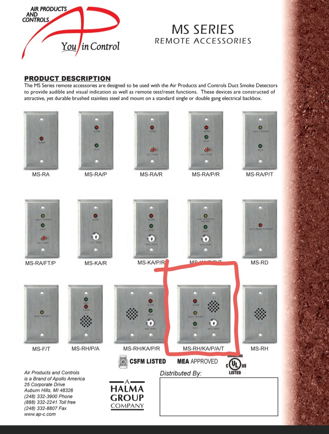 Air Products & Controls MS-RH/KA/P/R Remote Alarm Accessory BRAND NEW