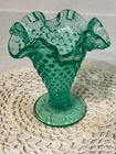 Fenton Rare Ruffled Edge Steigel Emerald Green Hobnail  Glass Bubbled Vase 3.5”