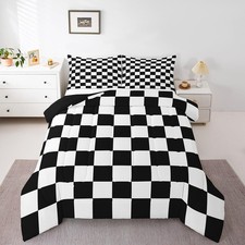 Checkered Retro Bedding Set Teen Women Men Black White Plaid Comforter Set Tw...