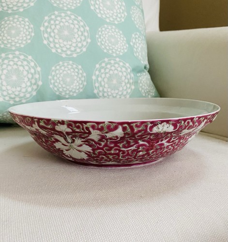 9.5” Chinese Republic PROC Famille Rose Lotus Longevity Ground Ruby Red Bowl