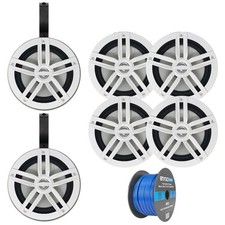 6x Enrock 6.5" 180W Marine White Speakers w/Wire, 2x 6.5" Black Speaker Pods