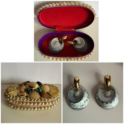 VTG MCM TRAMP ART Shell Trinket, Jewelry Box / Felt Lined / LARGE Shell Earrings