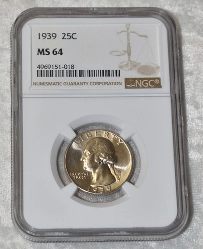 1939 P WASHINGTON 90% SILVER QUARTER DOLLAR NGC MS 64 MS64 PHILADELPHIA MINT USA