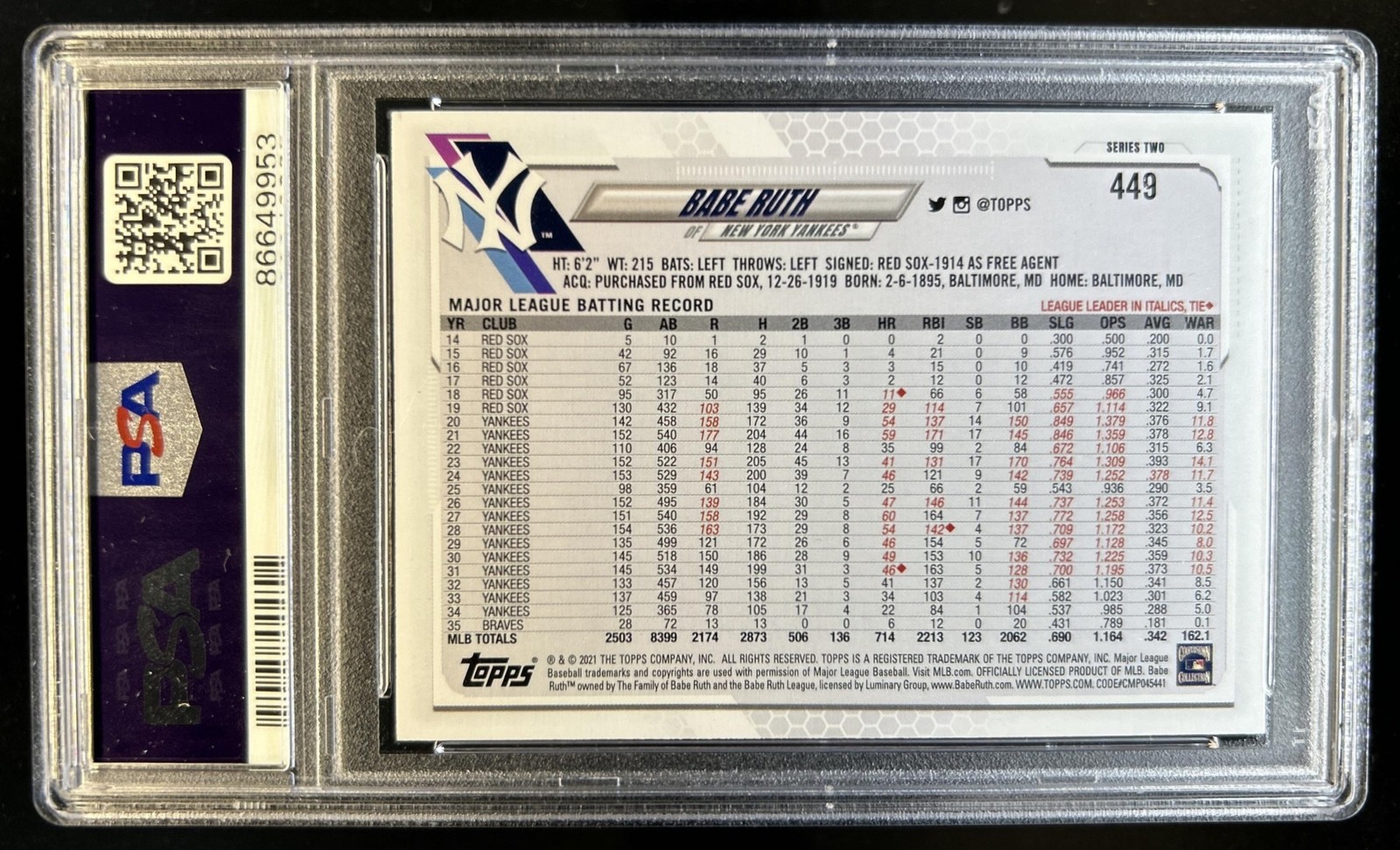 2021 Topps Babe Ruth SP VAR #449b New York Yankees PSA 8 view 2