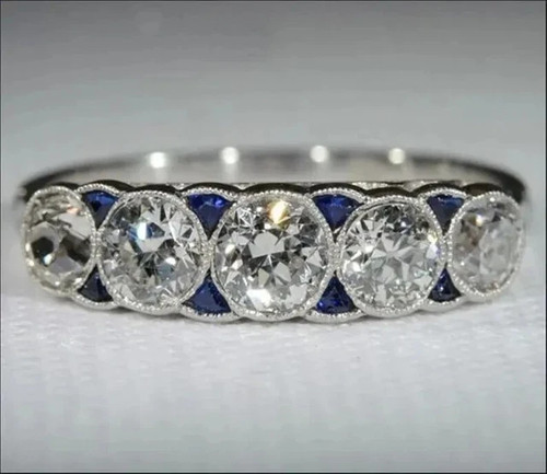 Real Moissanite 3Ct Round Cut Half Eternity Wedding Ring 14K White Gold Plated - Picture 1 of 6