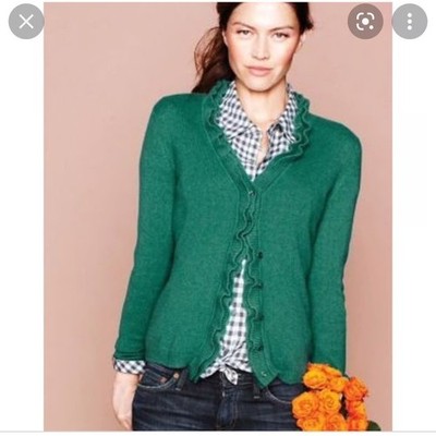 Garnet Hill Cashmere Ruffle Cardigan Emerald Green Button Front Soft Sz XS